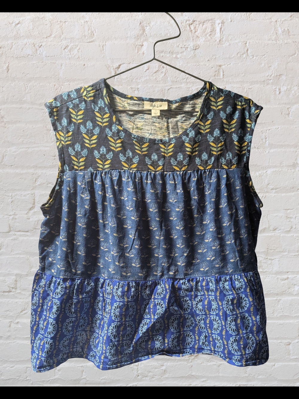 Style & Co. Blue and Yellow Printed Sleeveless Peplum Top